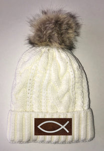 Ichthus Beanies - Ivory Plush, Blanket Lined Cable Knit, Pom Pom Beanie Buddha Gear