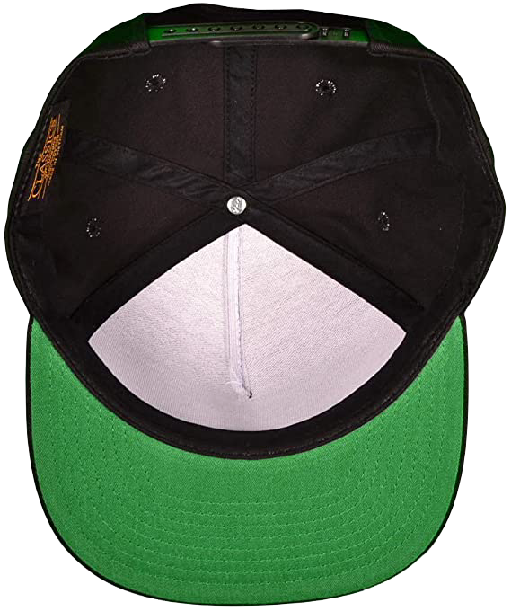Yupoong 6089 Flat Bill, Hat / Visor with Green Under Bill and Handmade Vegan Leather Black/Gold Cannabis Patch by Buddha Gear.