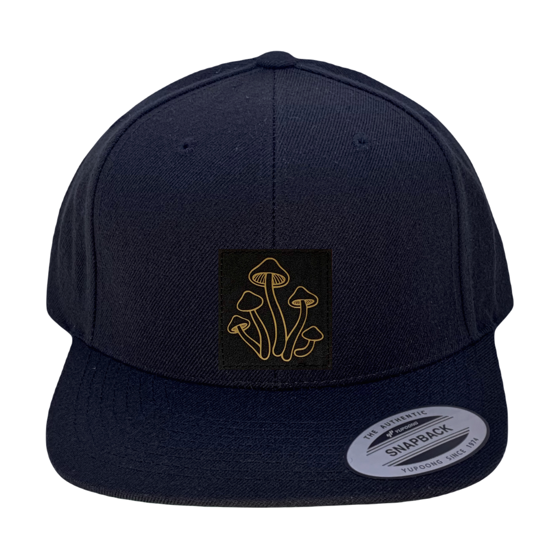 Yupoong 6089 Flat Bill, Hat / Visor with Green Under Bill and Handmade Vegan Leather Mushroom Patch by Buddha Gear.