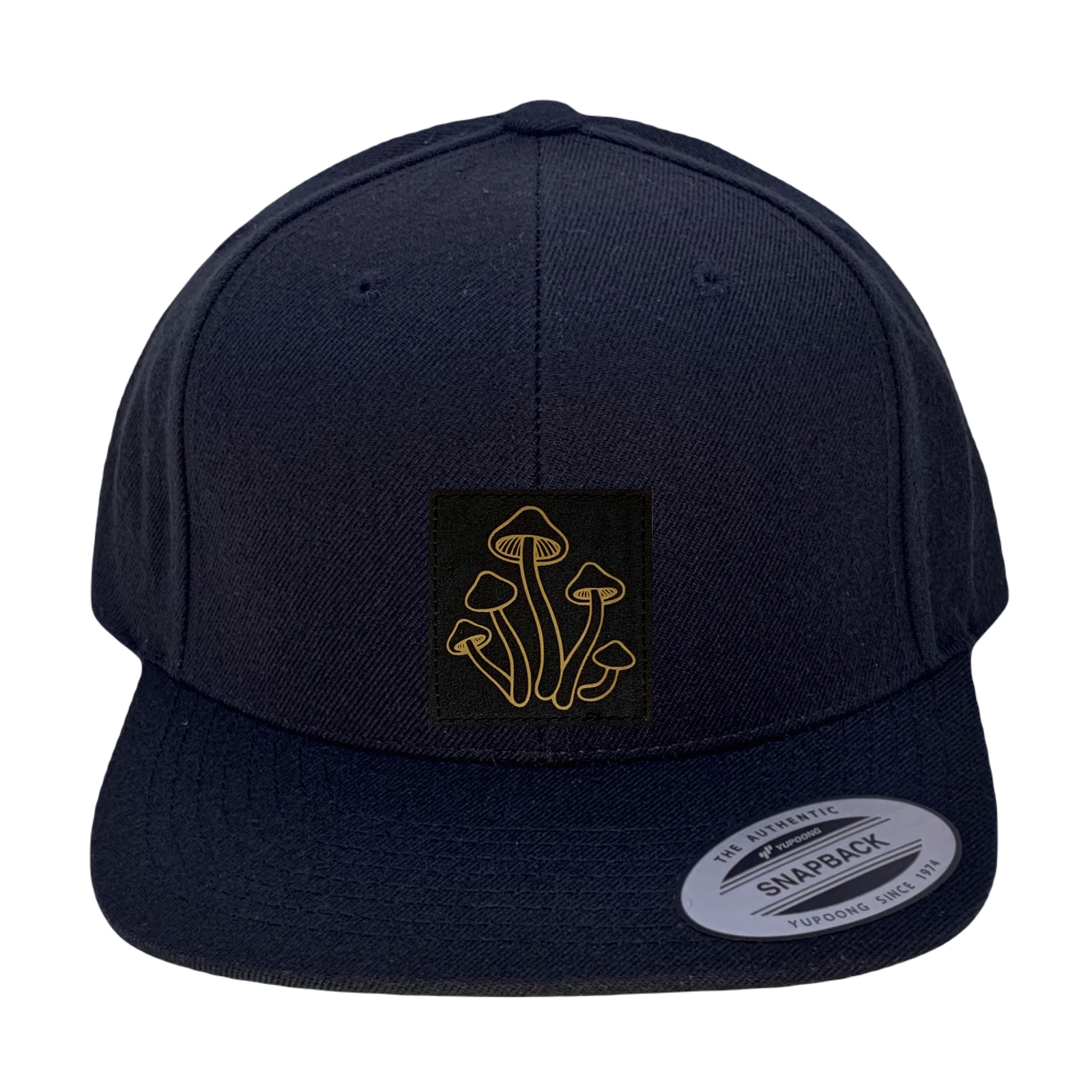 Yupoong 6089 Flat Bill, Hat / Visor with Green Under Bill and Handmade Vegan Leather Mushroom Patch by Buddha Gear.