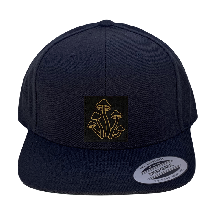 Yupoong 6089 Flat Bill, Hat / Visor with Green Under Bill and Handmade Vegan Leather Mushroom Patch by Buddha Gear.