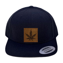 Load image into Gallery viewer, Yupoong 6089 Flat Bill, Hat / Visor with Green Under Bill and Handmade Vegan Leather Brown/White Cannabis Patch by Buddha Gear.