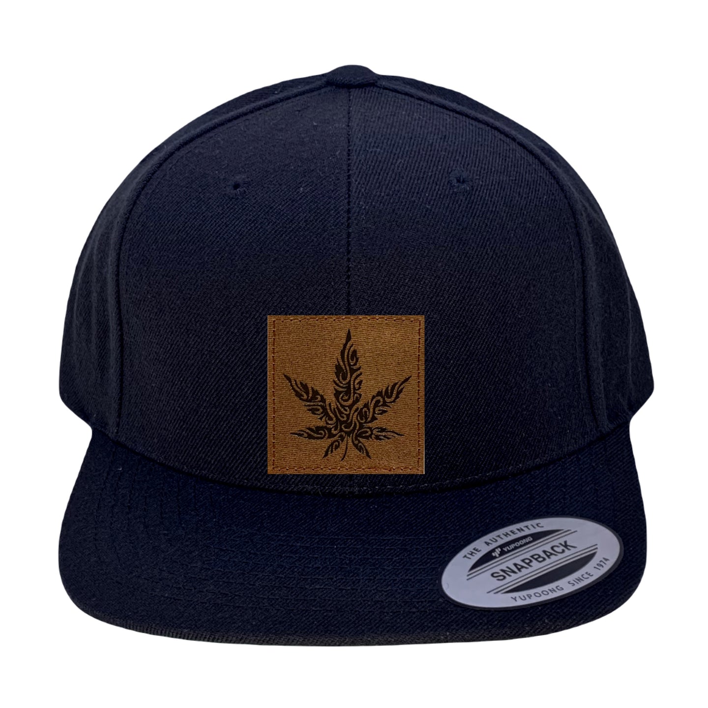 Yupoong 6089 Flat Bill, Hat / Visor with Green Under Bill and Handmade Vegan Leather Brown/White Cannabis Patch by Buddha Gear.