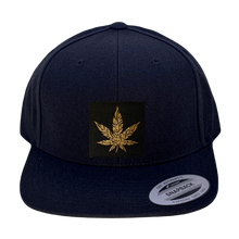 Load image into Gallery viewer, Yupoong 6089 Flat Bill, Hat / Visor with Green Under Bill and Handmade Vegan Leather Black/Gold Cannabis Patch by Buddha Gear.