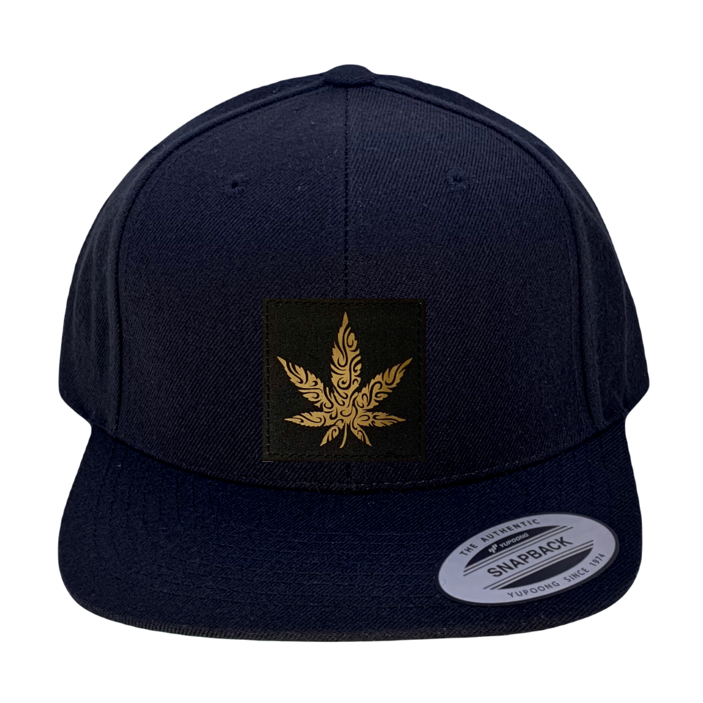 Yupoong 6089 Flat Bill, Hat / Visor with Green Under Bill and Handmade Vegan Leather Black/Gold Cannabis Patch by Buddha Gear.