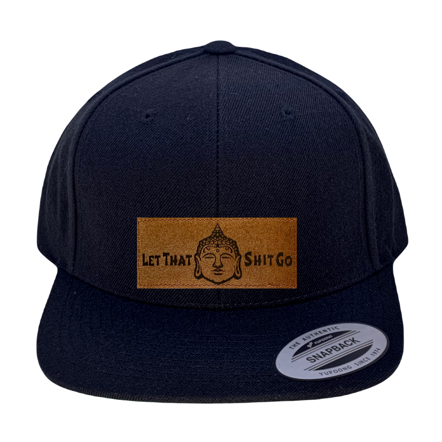 Yupoong 6089 Flat Bill, Hat / Visor with Green Under Bill and Handmade Vegan Leather Brown/white Buddha Patch by Buddha Gear.