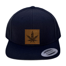 Load image into Gallery viewer, Yupoong 6089 Flat Bill, Hat / Visor with Green Under Bill and Handmade Vegan Leather Brown and White Cannabis Patch by Buddha Gear.