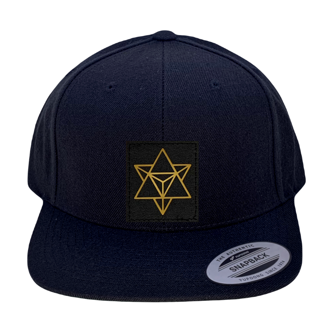 Yupoong 6089 Flat Bill, Hat / Visor with Green Under Bill and Handmade Vegan Leather Black and Gold Merkaba Patch by Buddha Gear.