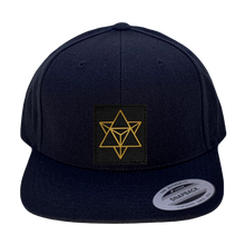Load image into Gallery viewer, Yupoong 6089 Flat Bill, Hat / Visor with Green Under Bill and Handmade Vegan Leather Black and Gold Merkaba Patch by Buddha Gear.