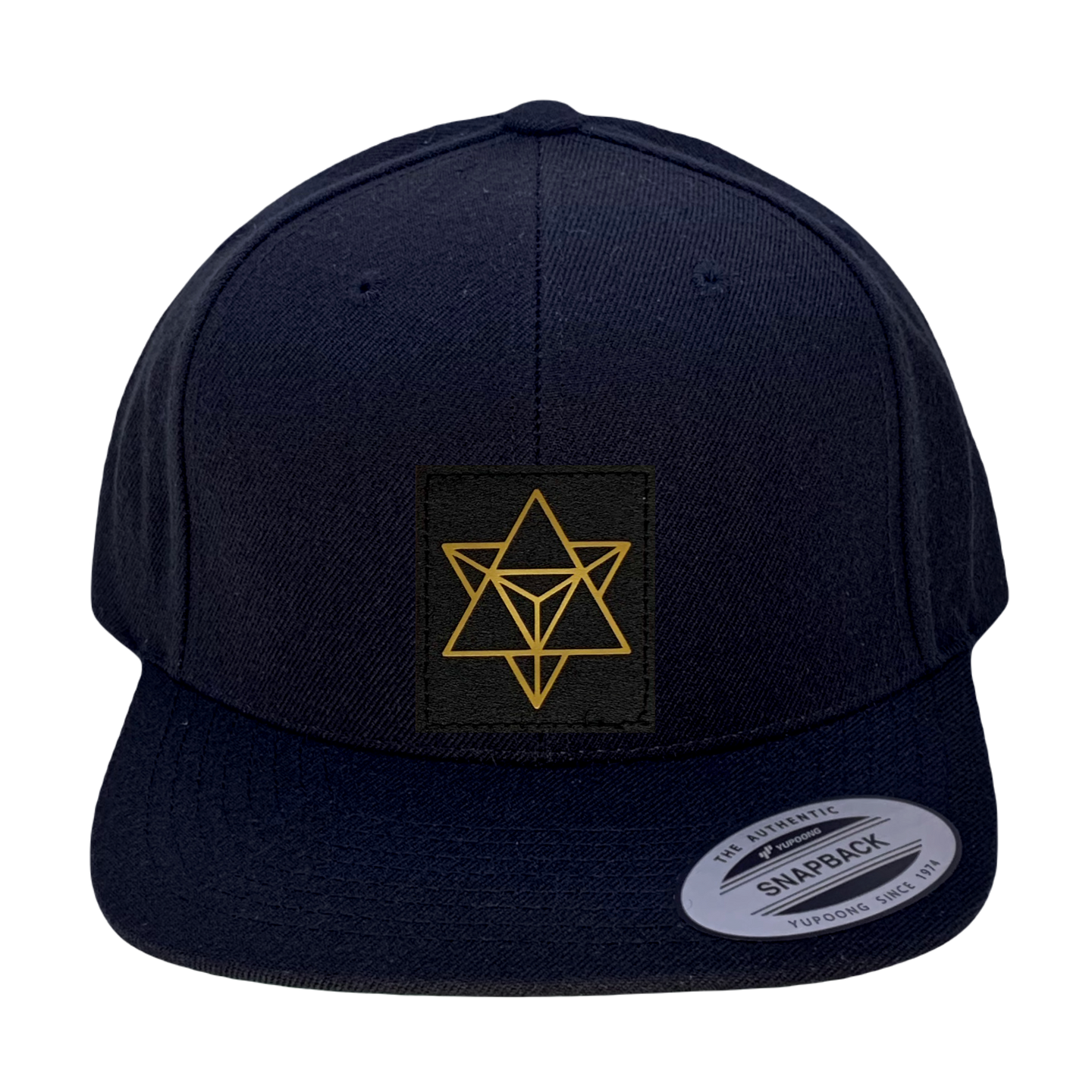 Yupoong 6089 Flat Bill, Hat / Visor with Green Under Bill and Handmade Vegan Leather Black and Gold Merkaba Patch by Buddha Gear.