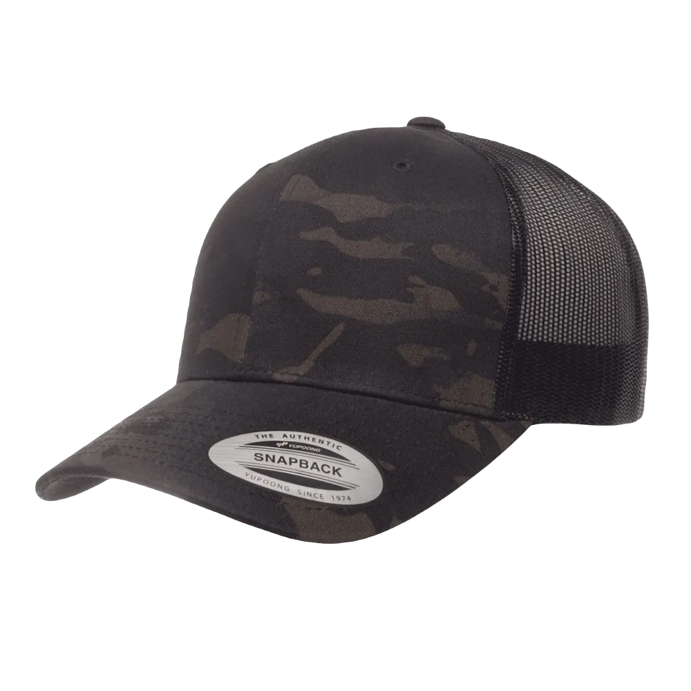Trucker Hat Cap Camo Yupoong multicam black snapback with handmade vegan leather viking norse compass vegvisir 