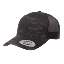 Load image into Gallery viewer, Trucker Hat Cap Camo Yupoong multicam black snapback with handmade vegan leather viking norse compass vegvisir 