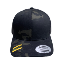 Load image into Gallery viewer, Trucker Hat Cap Camo Yupoong multicam black snapback with handmade vegan leather viking norse compass vegvisir 