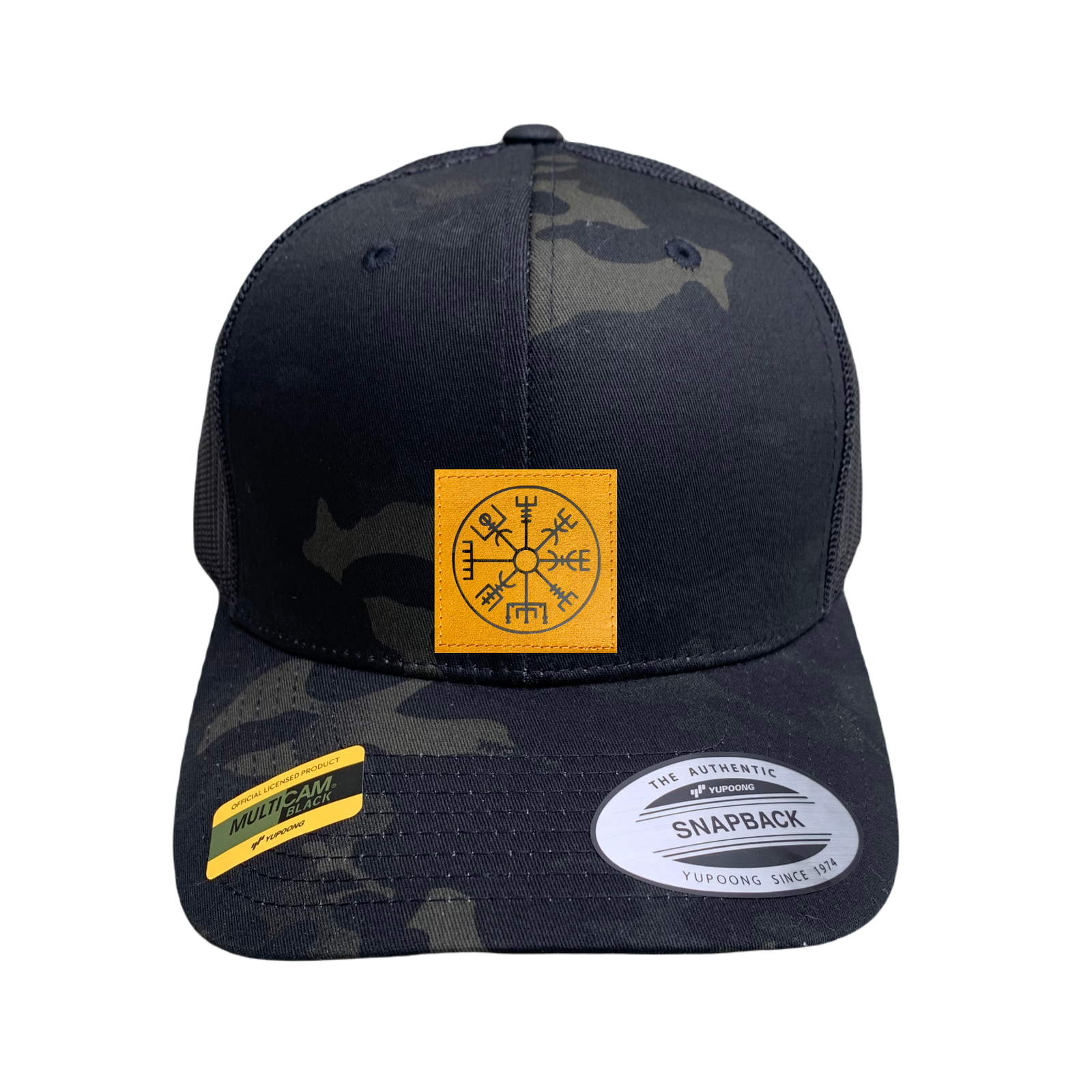 Trucker Hat Cap Camo Yupoong multicam black snapback with handmade vegan leather viking norse compass vegvisir  by Buddha Gear